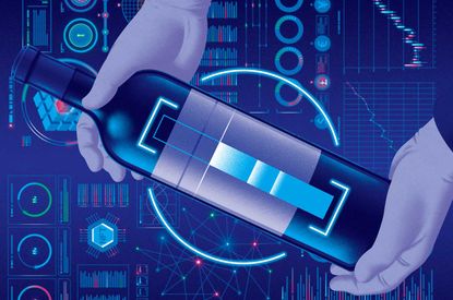Illustration of hand holding bottle of wine with graphs and figures in background