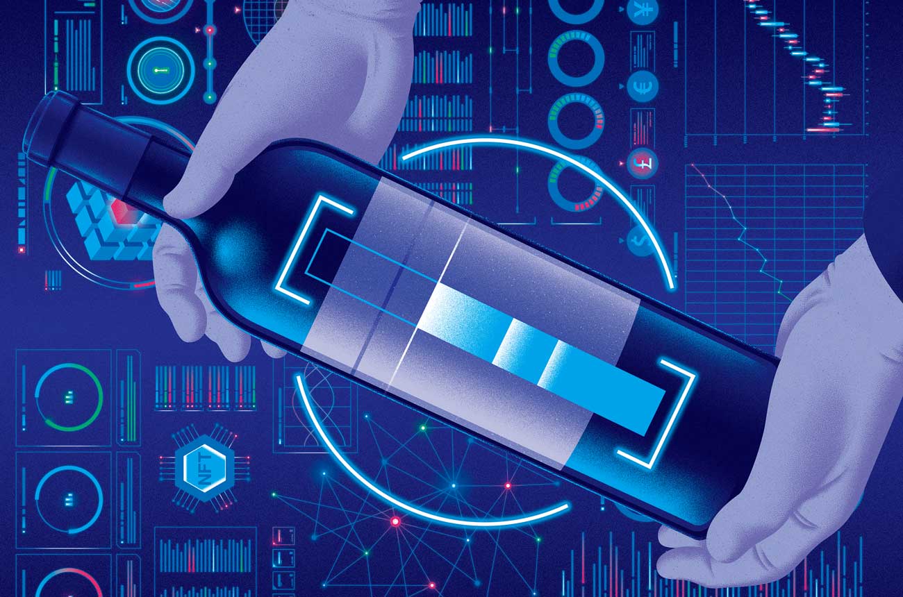 Illustration of hand holding bottle of wine with graphs and figures in background