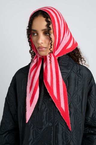 Knitted Triangle Headscarf in Pink & Red Stripe