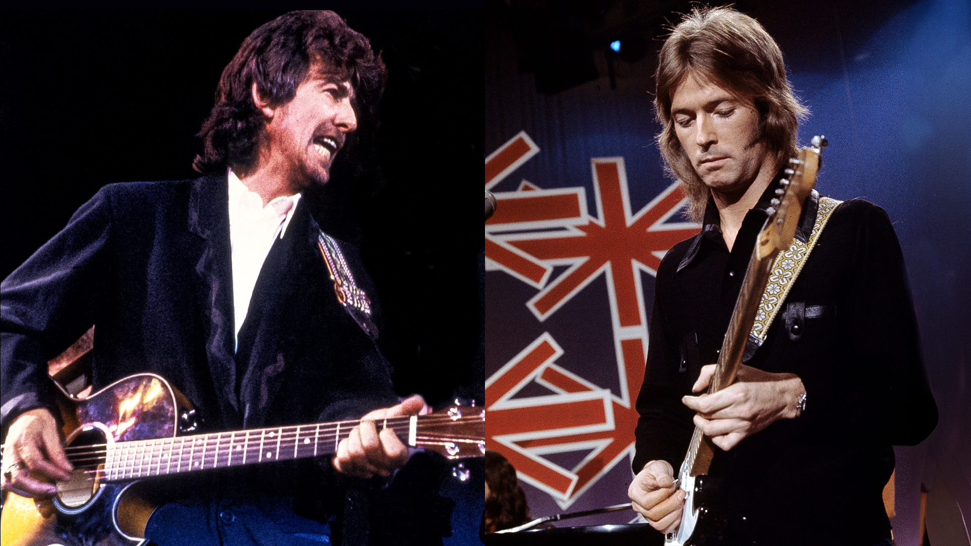 LEFT: George Harrison & (cropped out) Mick Jagger perform at the 1988 Rock n Roll Hall of Fame Induction Ceremony circa 1988 in New York City. RIGHT: THE JOHNNY CASH SHOW -(Airdate: Jan. 6, 1971 - shoot date: Nov. 1970)