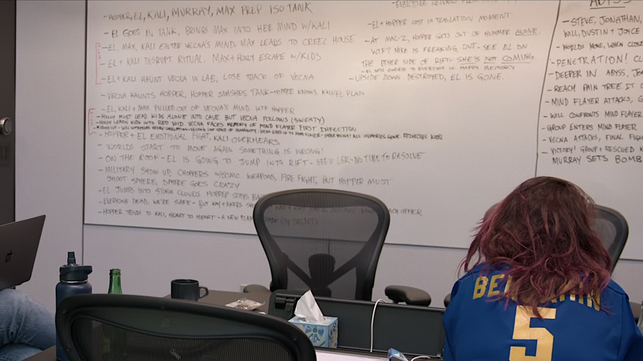 Whiteboard of Stranger Things finale ideas in One Last Adventure doc