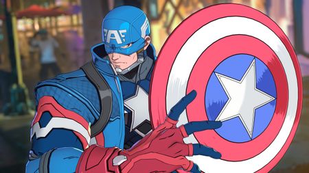 Captain America holding his shield, with a stern facial expression.