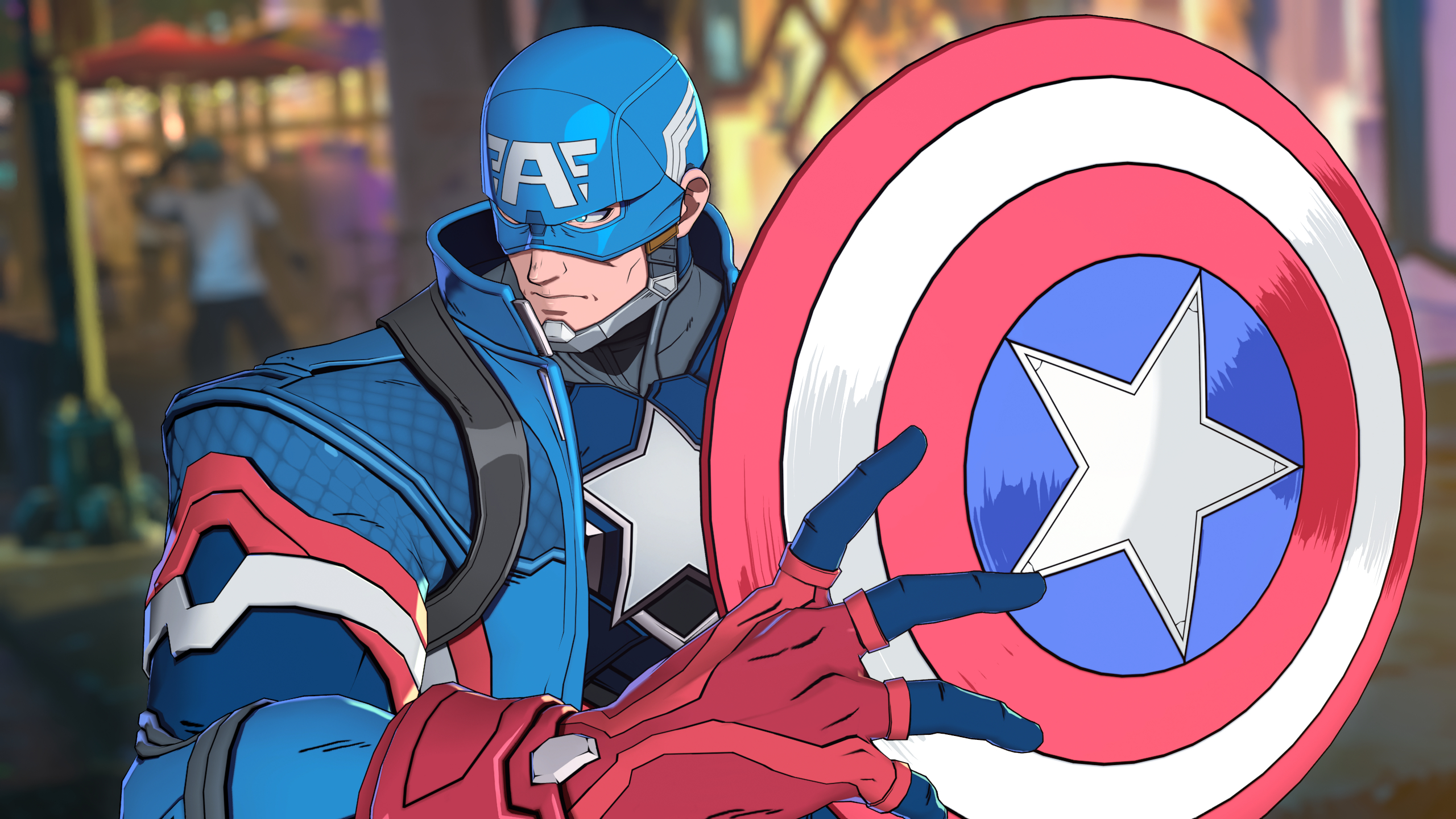 Captain America holding his shield, with a stern facial expression.