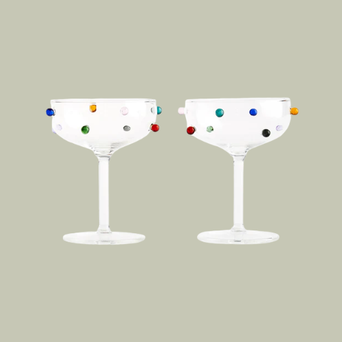 Maison Balzac, Maison Balzac Clear &amp;amp; Multi Pomponette Champagne Coupes Set of 2