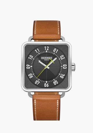 Carré H watch in stainless steel, with grey dial and Barénia calfskin brown strap, by Hermès