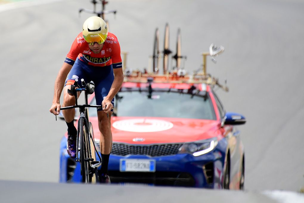 Vincenzo Nibali crests a short rise on his time trial bike during training in Zolder