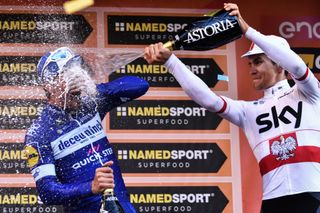 Julian Alaphilippe gets a face full of champagne, not that he'll mind