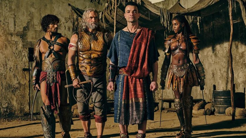 Jordi Webber as Tarchon, Graham McTavish as Korris, Nick E. Tarabay as Ashur and Tenika Davis as Achillia in Spartacus: House of Ashur