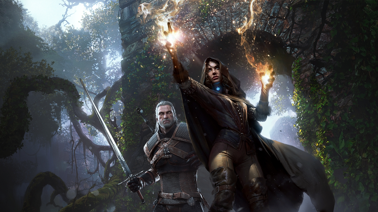 Geralt and a mage stand in front of a ruined castle