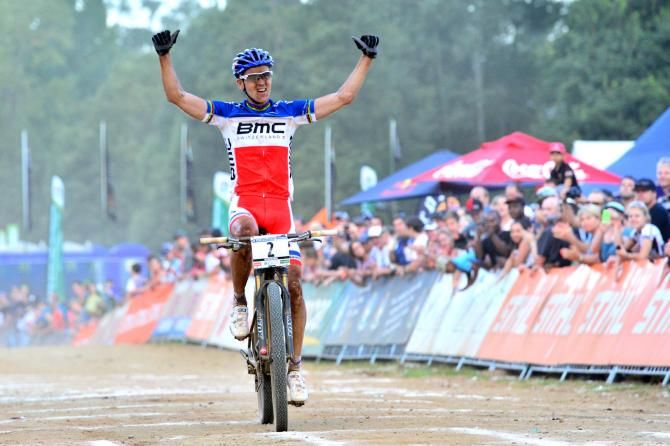 Julien Absalon of BMC MTB Racing punches the air after claiming victory in the elite men's cross country in Pietermaritzburg
