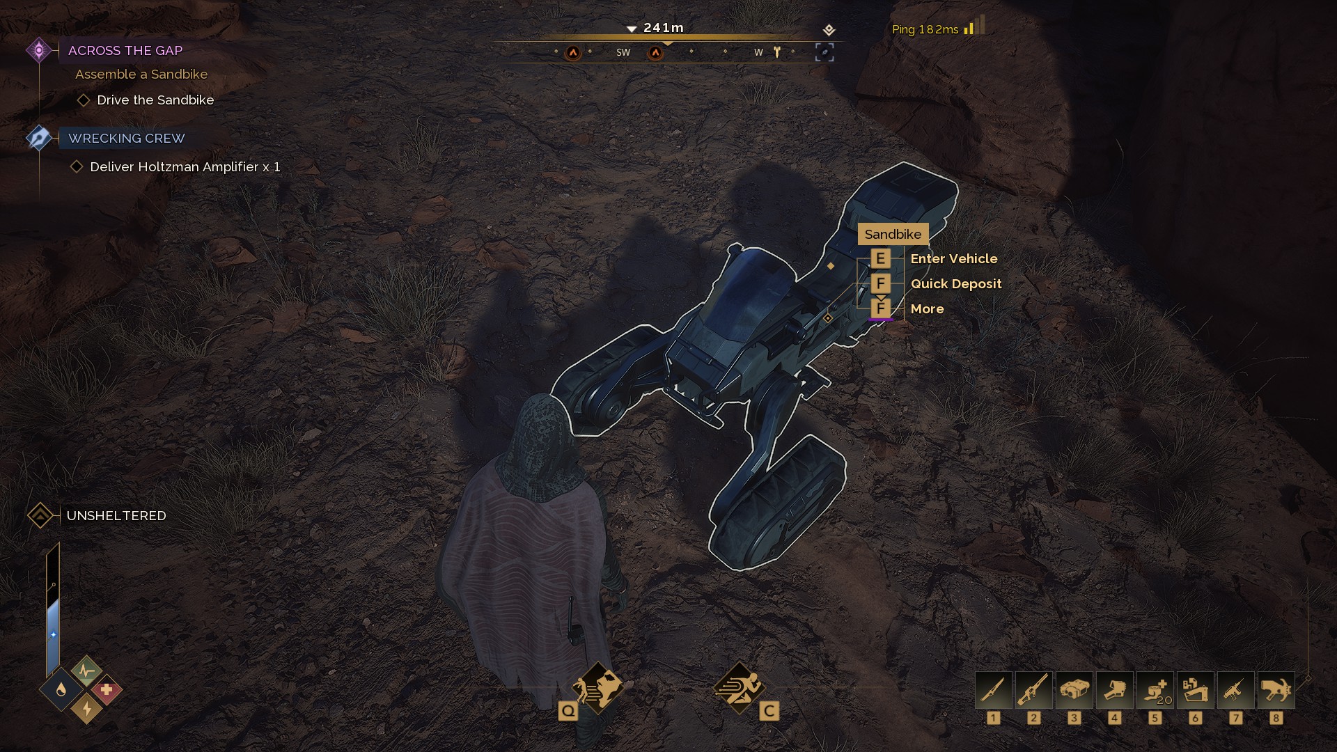 The player checks out a Sandbike vehicle in Dune Awakening