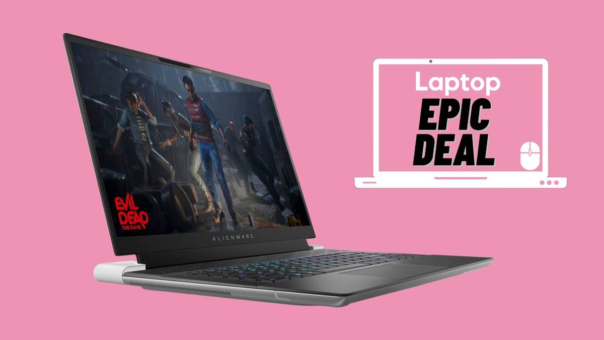 Alienware x16 R2 laptop floating on a pink background with Laptop Mag &quot;Epic Deal&quot; in logo next to it.