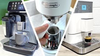 Montage of Philips, De'Longhi, and KitchenAid coffee machines