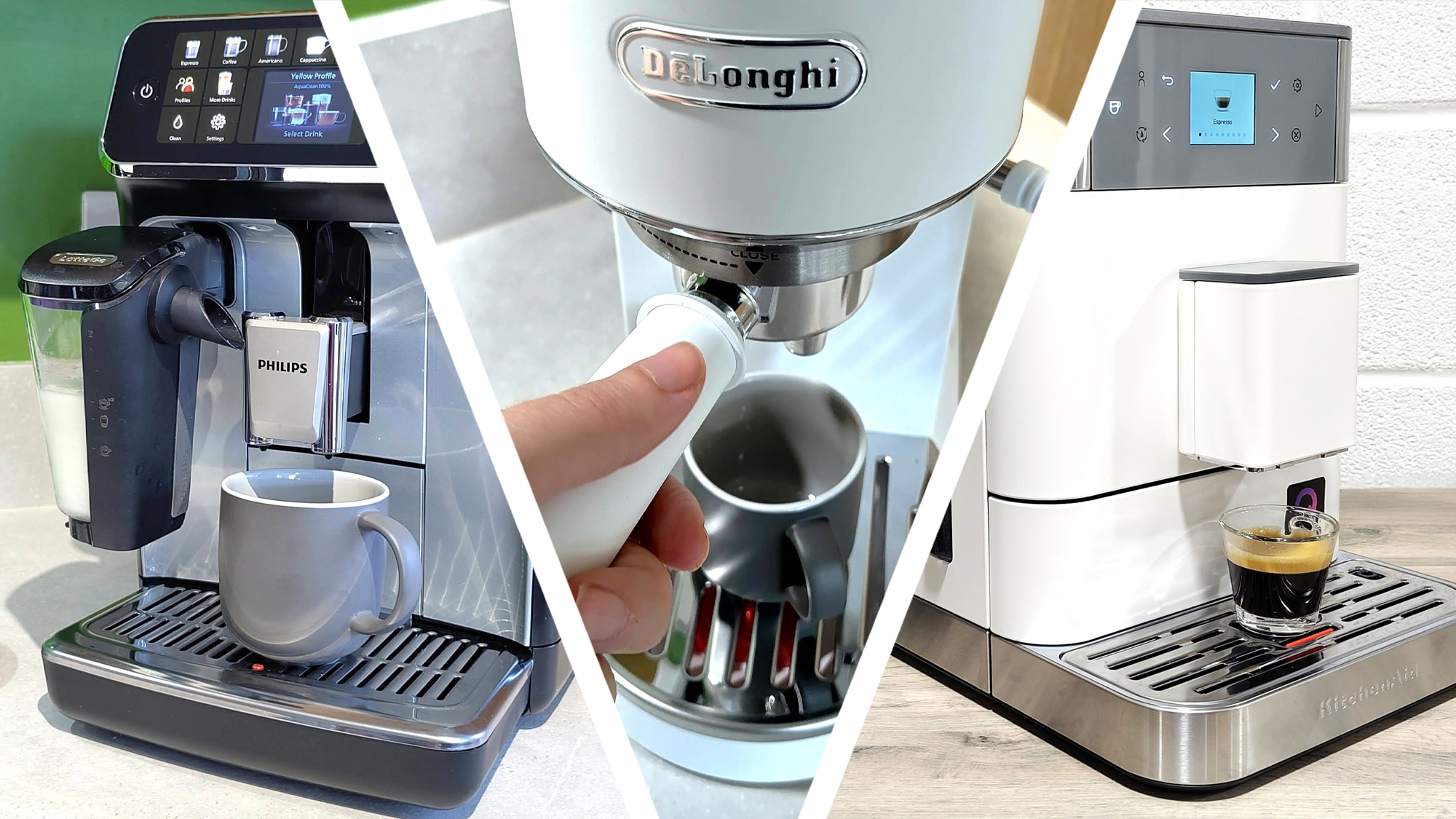 Montage of Philips, De&#039;Longhi, and KitchenAid coffee machines