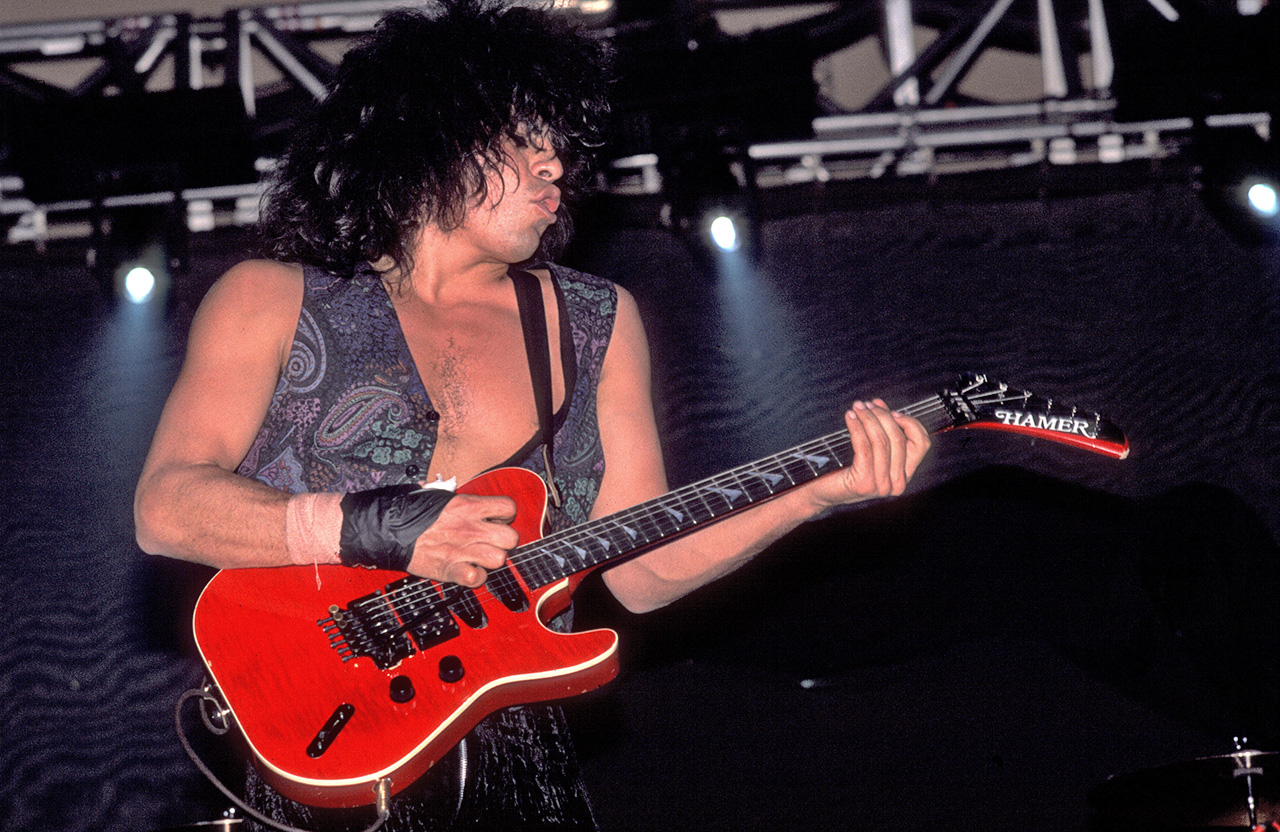 Stevie Salas performs onstage at the Aragon Ballroom in Chicago, Illinois on March 12, 1990