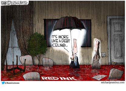Political cartoon U.S. debt ceiling floods White House