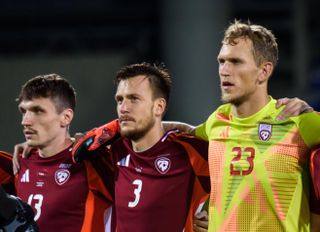 Latvia players line up for the national anthem ahead of the UEFA Nations League match against North Macedonia in Riga, Latvia, October 2024