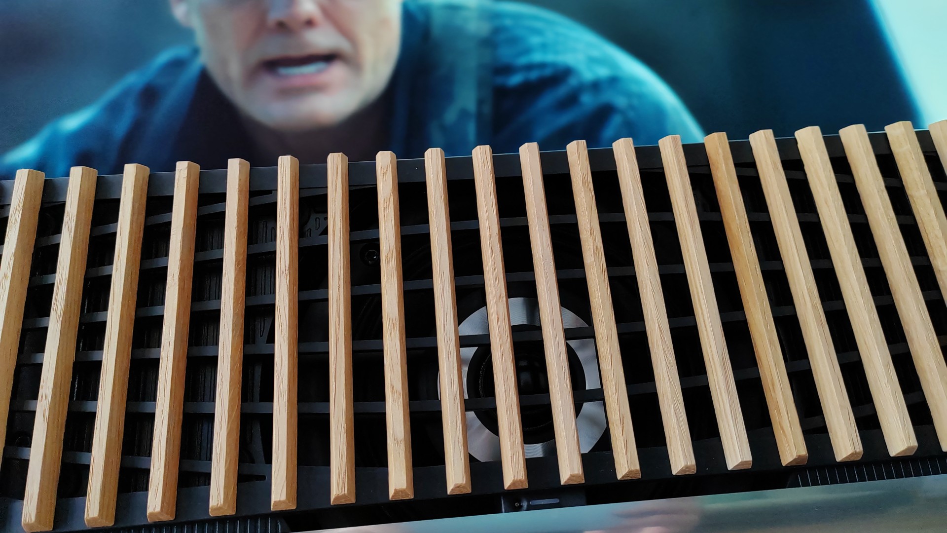 A close-up of the grille design on the Bang & Olufsen Beosound Theatre Dolby Atmos soundbar