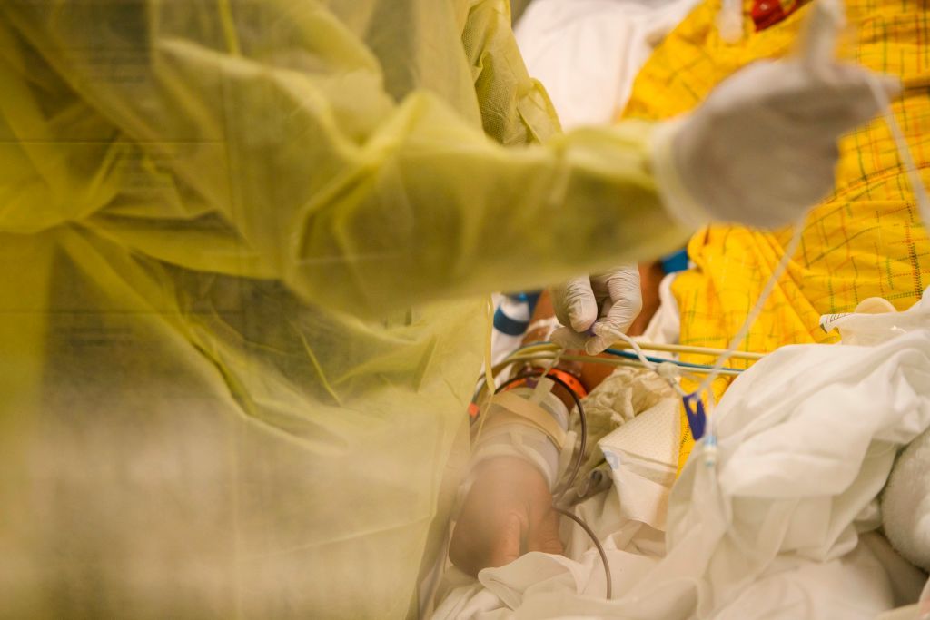 Coronavirus patient being treated in ICU.