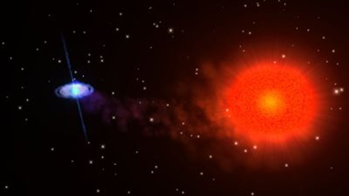 An image of a pulsar eating something from its star partner.  In the black widow's pulsars, the companion star is exposed to one -tenth of the Earth's sunlight, or so.