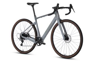 A glossy grey gravel bike with hydraulic disc brakes, shown at a slight angle to the front of the bike.