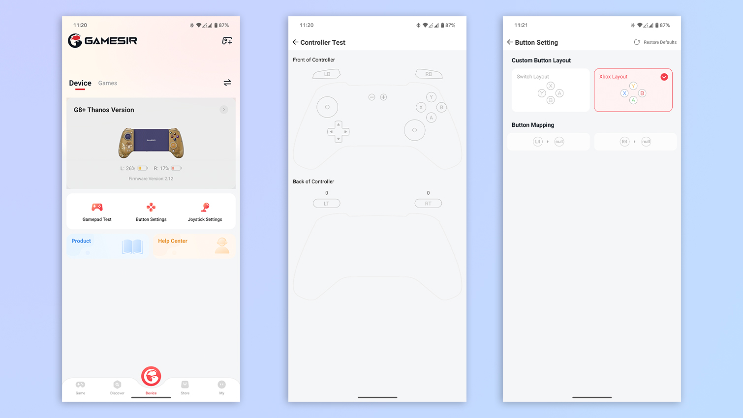 Screenshots of GameSir app on Android