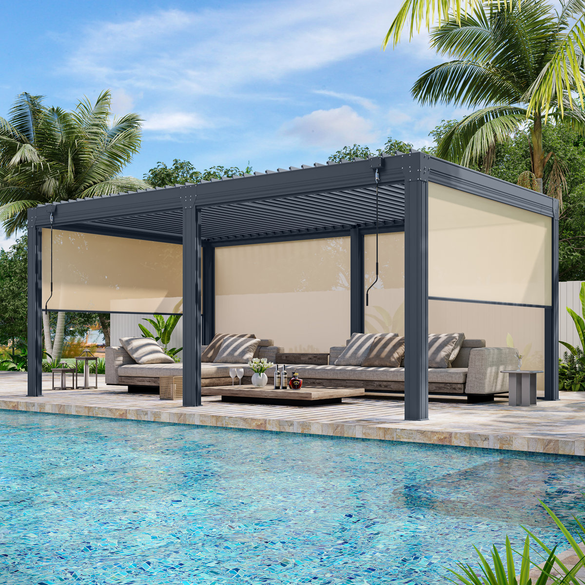 Erommy Louvered Pergola With Panel Pull-Down Screen, Outdoor Aluminum Pergola With Adjustable Rainproof Roof for Hot Tub and Patio Deck Backyard &amp;amp; Reviews | Wayfair