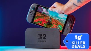A Nintendo Switch 2 console being placed into its accompanying dock with Killer Deals badge overlaid.