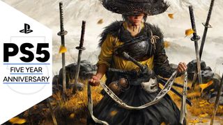 Key art for Ghost of Yotei showing Atsu clutching her revenge banner surrounded by swords stuck into the ground with Mt Yotei in the background, with the PS5 five year anniversary GamesRadar+ frame along the side