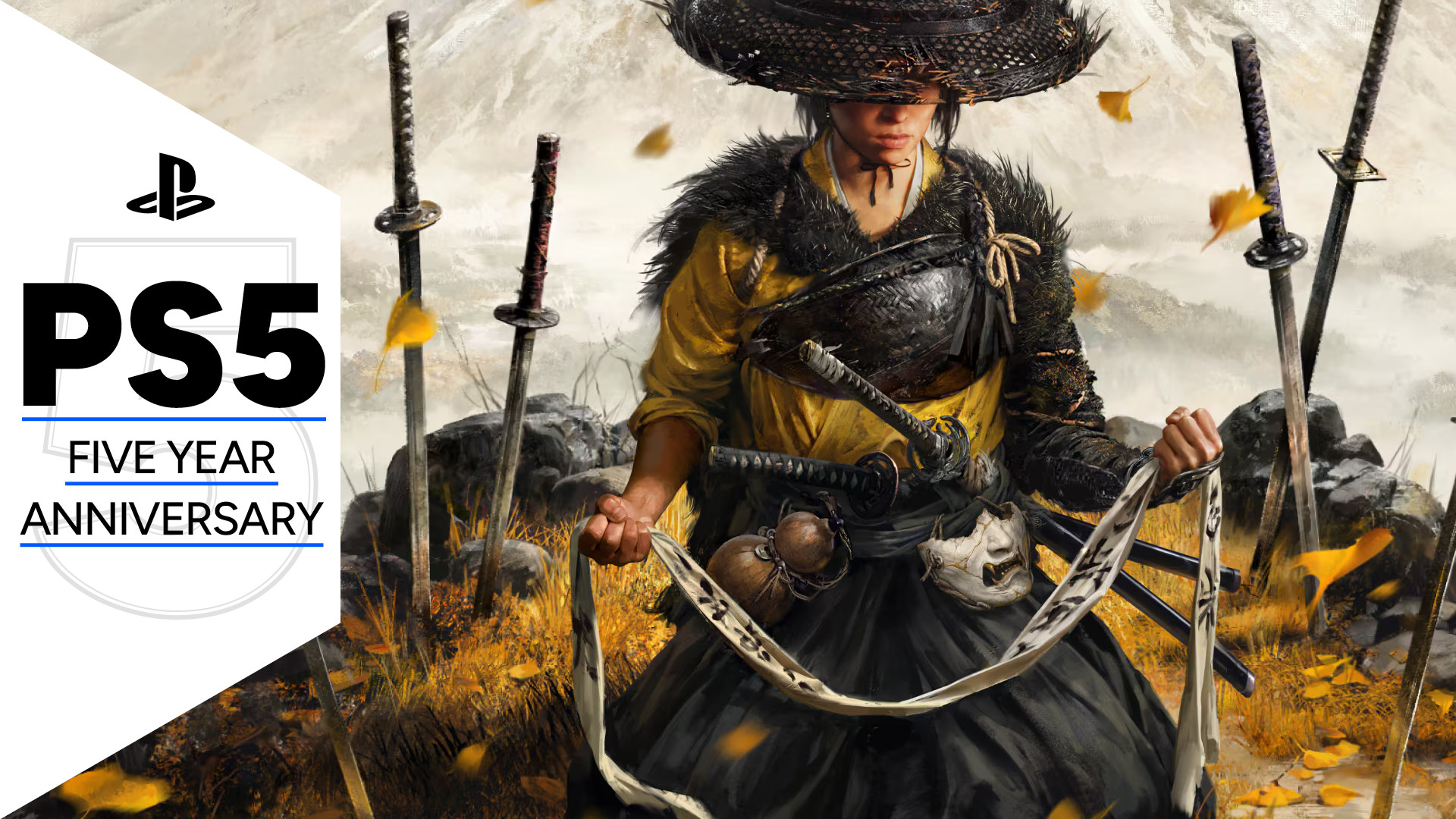 Key art for Ghost of Yotei showing Atsu clutching her revenge banner surrounded by swords stuck into the ground with Mt Yotei in the background, with the PS5 five year anniversary GamesRadar+ frame along the side