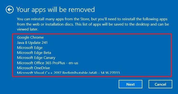 Windows 10 Fresh Start list of apps to be deleted