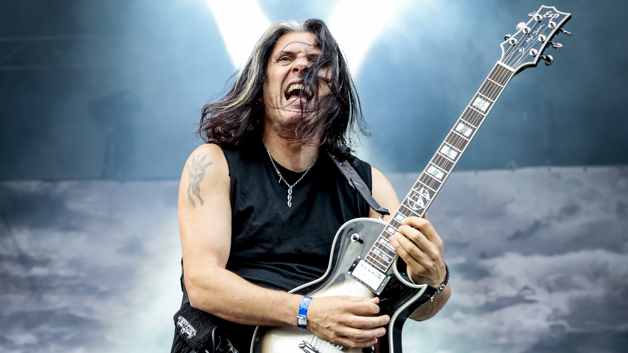 Alex Skolnick of Testament performs on Day 2 of the Heavy Montreal Festival at Parc Jean-Drapeau on August 8, 2015 in Montreal, Canada.