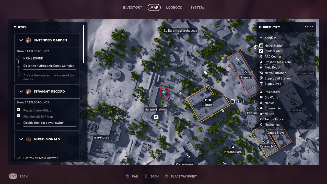 Arc Raiders Market Correction: A map with a red circle marking the location of the Marano Station cache.