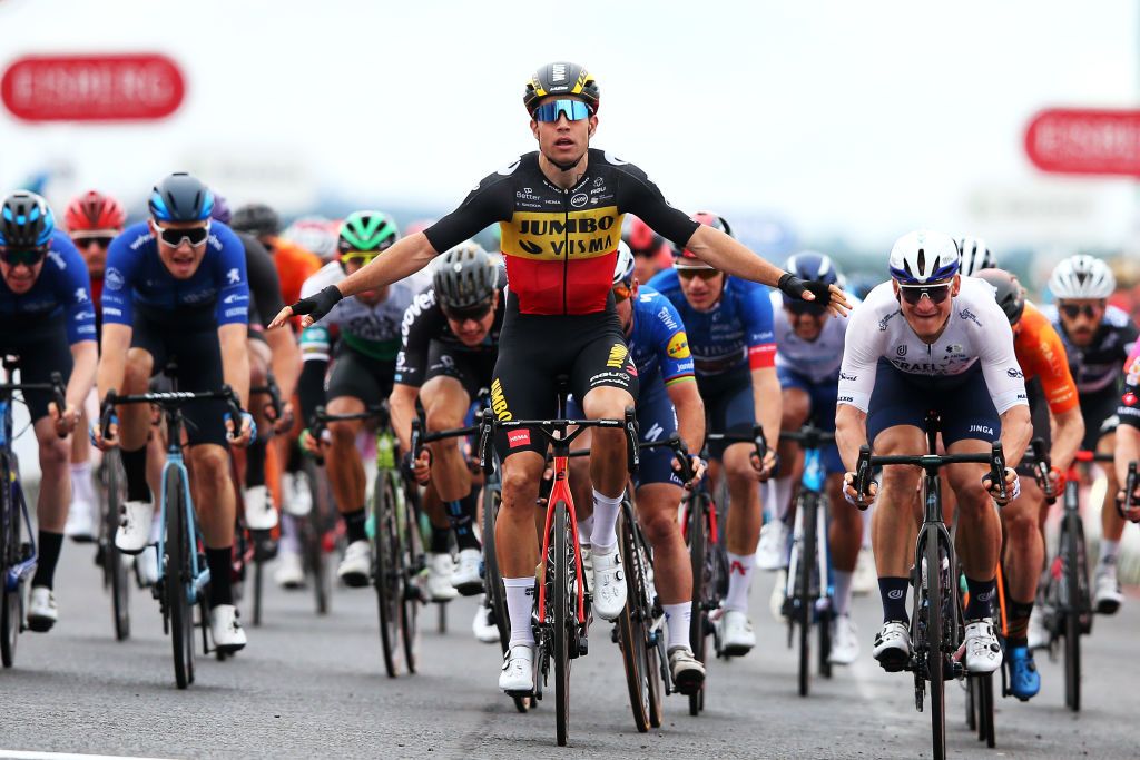 ABERDEEN SCOTLAND SEPTEMBER 12 Wout Van Aert of Belgium and Team Jumbo Visma celebrates winning ahead of Mark Cavendish of United Kingdom and Team Deceuninck QuickStep Andr Greipel of Germany and Team Israel StartUp Nation and Ethan Hayter of United Kingdom and Team INEOS Grenadiers blue leader jersey during the 17th Tour of Britain 2021 Stage 8 a 173km stage from Stonehaven to Aberdeen TourofBritain TourofBritain on September 12 2021 in Aberdeen Scotland Photo by Alex LiveseyGetty Images