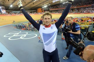 Jason Kenny celebrates winning sprint gold, London 2012 Olympic Games, track day 5