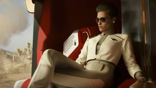 NUSA President Rosalind Myers sat on a red chair in Cyberpunk 2077 Phantom Liberty.