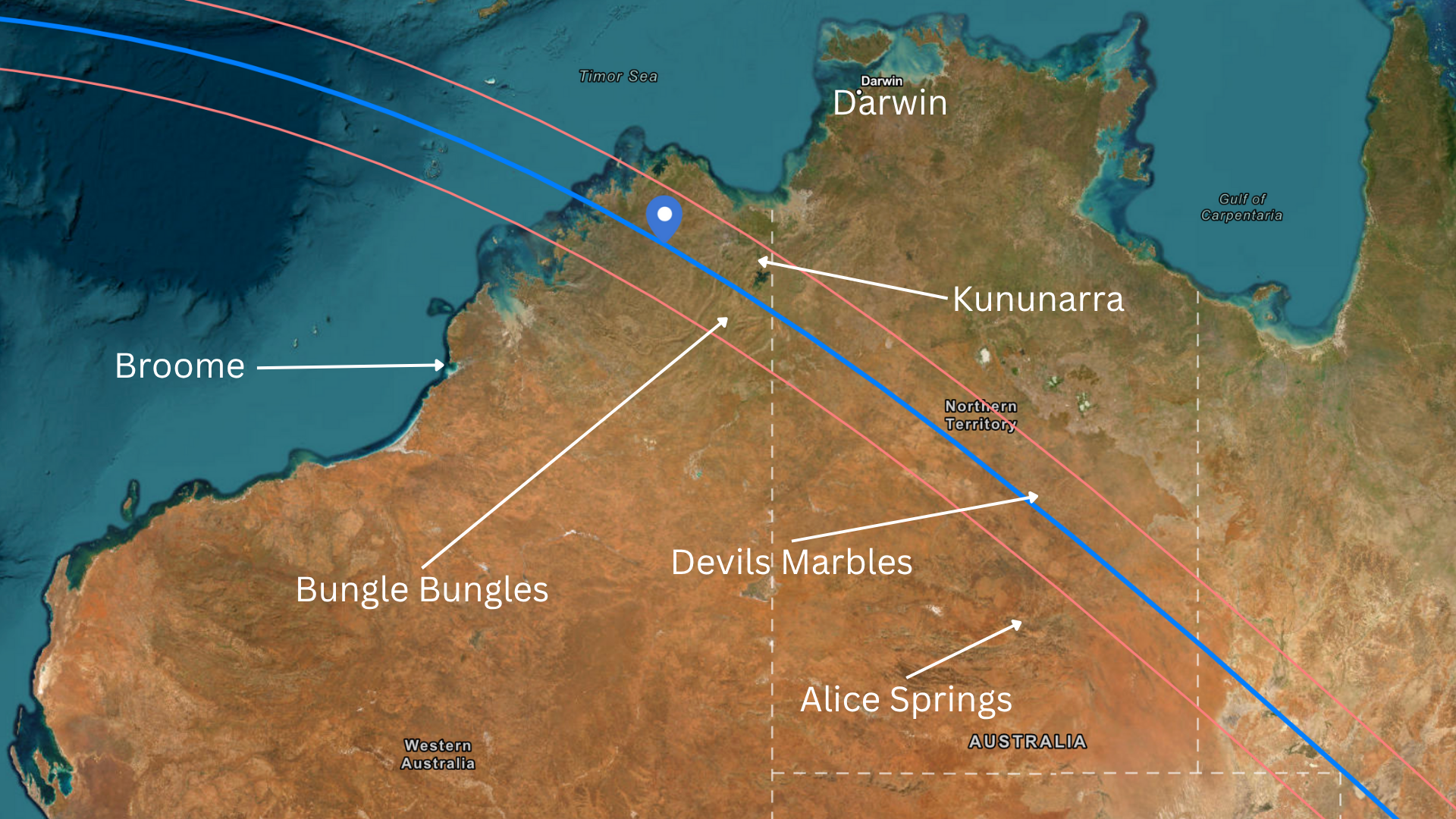map showing the path of the total solar eclipse across Australia.