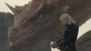 Prince Daemon (Matt Smith) stands next to Caraxes in "House of the Dragon" season 2