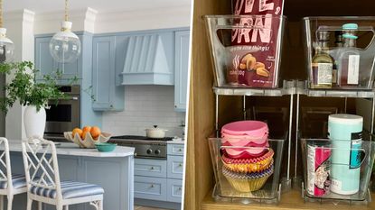 Blue kitchen lifestyle, close up image of cabinet organizer