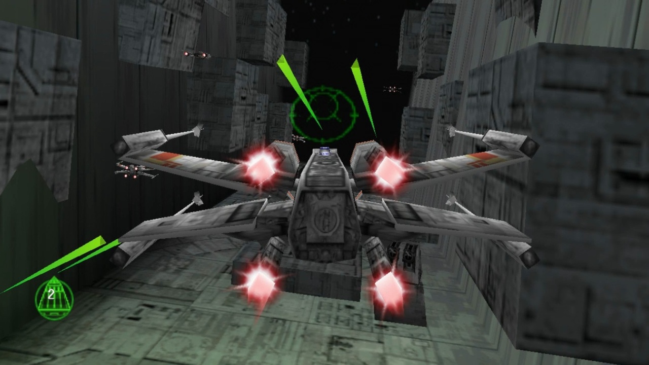 Screenshot from Star Wars: Rogue Squadron showing an X-Wing flying down the Death Star trench.