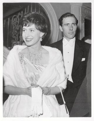 Margaret wearing the Poltimore Tiara when disassembled as a necklace at the Royal Opera House, 1960