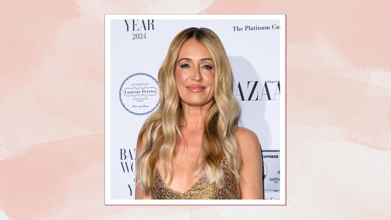 Cat Deeley is pictured wearing a gold dress and with glowy makeup and her hair styles in loose, tousled waves at the Harper&#039;s Bazaar Women Of The Year Awards 2024 at The Ballroom of Claridge’s on November 05, 2024 in London, England/ in a pink watercolour paint-style template