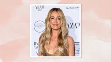 Cat Deeley is pictured wearing a gold dress and with glowy makeup and her hair styles in loose, tousled waves at the Harper's Bazaar Women Of The Year Awards 2024 at The Ballroom of Claridge’s on November 05, 2024 in London, England/ in a pink watercolour paint-style template