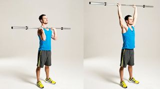 Man demonstrates two positions of the overhead press using an empty Olympic barbell