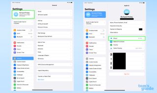 Two screenshots from the iPadOS settings menu, showing where to find the iCloud settings