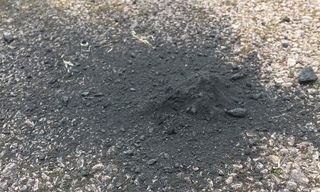 The main mass of the meteorite on the driveway where it fell.