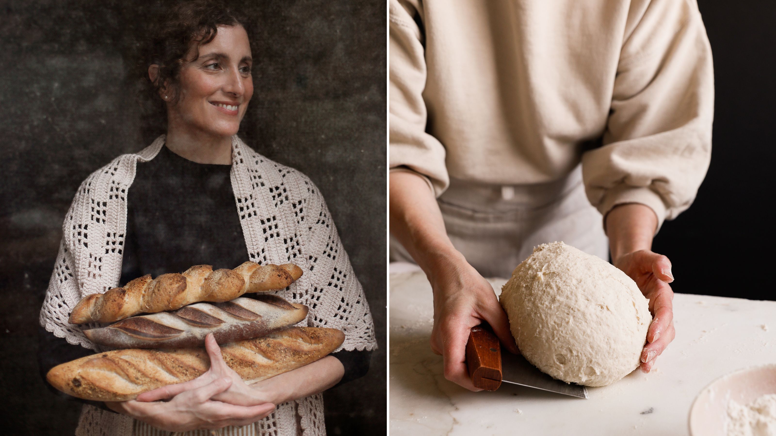 Aran Goyoaga holding baguettes and making dough