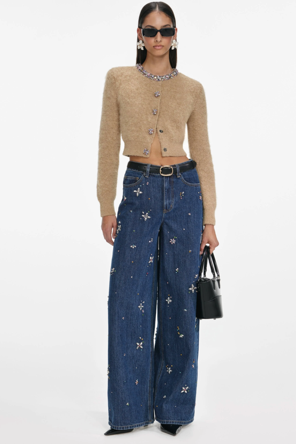 Blue Embellished Wide Leg Jeans