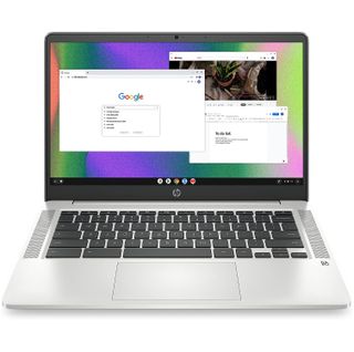 A Chromebook against a white background