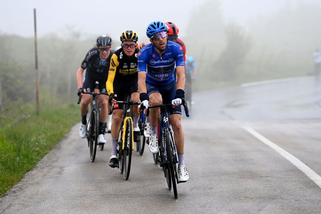 LAGO LACENOBAGNOLI IRPINO ITALY MAY 09 Thibaut Pinot of France and Team Groupama FDJ Blue Mountain Jersey competes during the 106th Giro dItalia 2023 Stage 4 a 175km stage from Venosa to Lago Laceno 1059m Bagnoli Irpino UCIWT on May 09 2023 in Lago Laceno 1059m Bagnoli Irpino Italy Photo by Tim de WaeleGetty Images
